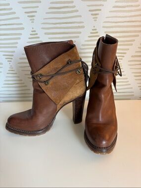 Sartore Brown Leather and Tan Suede Lace-Up High Heel Ankle Boots